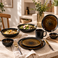 Ensemble de vaisselle en céramique à glaçure réactive, noir et marron, en grès, assiettes, bols, tasses, OEM ODM