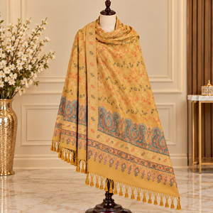 Châle long en laine rose pâle de qualité supérieure pour l'automne, style musulman, doux et agréable au toucher, avec un magnifique motif floral et une bordure somptueuse. - Product Image 6