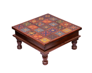 Mesa Baja Decorativa de Madera Hecha a Mano para Pooja, con Diseño Floral Incrustado, Taburete Tradicional Indio Bajot para Decoración del Templo del Hogar - Product Image 3