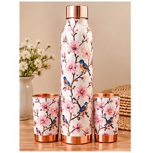 Juego de Botellas de Agua de Cobre con Diseño Artístico de Pájaro y Rama de Sakura, con Detalles en Cobre, Portátil para Viajes - Product Image 1