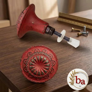 Modern Round Metal Drawer Knob Red Floral Cabinet <b>Handle</b> for Bedroom Dresser Kitchen Villa Eco-Friendly Easy Installation - Product Image 1