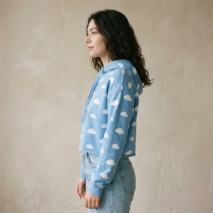 Breathable High Quality <b>Women</b> Crop Top Custom OEM Streetwear Light <b>Blue</b> Cloud Print Cropped <b>Hoodie</b> Casual Drop Shoulder - Product Image 5