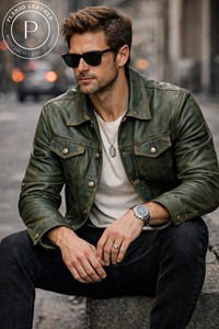 Veste en cuir d'agneau vert vintage pour homme, style motard, douce, toutes saisons - Product Image 3