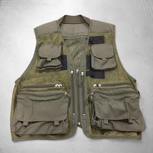 Gilet de travail de pêche en plein air pour hommes, vert olive, maille, multi-poches, gilet tactique de pêche à la mouche avec fermetures éclair, uni, sans logo - Product Image 1