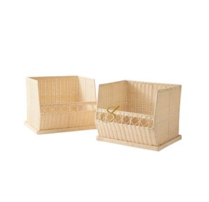 Handcrafted Front Open Rattan <b>Storage</b> Basket <b>Stackable</b> Wicker Shelf Organizer Bin Square <b>Wardrobe</b> Basket Set of 2 - Product Image 1