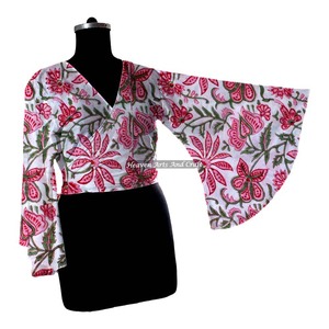 Nueva Colección de Verano 2026, Top Corto de Algodón con Lazos, Ropa para Mujer, Mangas Campana, Estampado Floral Hecho a Mano, Top para Fiesta en la Playa - Product Image 3
