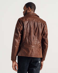 Veste en cuir véritable marron pour homme avec col en fausse fourrure, col rabattable, coupe classique, coupe-vent, style décontracté d'hiver - Product Image 2