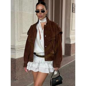 แจ็คเก็ตหนังกลับทรงสลิมฟิตสำหรับผู้หญิงแบบสั่งทำพิเศษสำหรับฤดูหนาว แจ็คเก็ตหนังกลับคอตั้งแบบมีซิป - Product Image 3