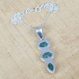 925 Sterling Silver <b>Emerald</b> <b>Pendant</b> Necklace With Chain Oval And Teardrop Green Stones Minimalist Design For Women - Product Image 4