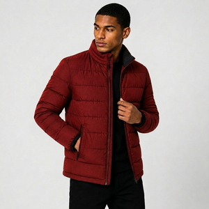 Men's <b>Red</b> Stand Collar Puffer <b>Jacket</b> Windproof Polyester Wadding Zipper Closure Casual Autumn Wear Regular Fit - Product Image 4