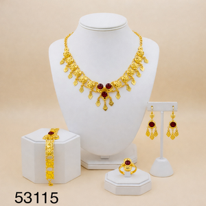 Elegante conjunto de collar y pendientes de latón macizo chapado en oro con circonita natural, diseño de hoja, moderno, para boda, con cadena de cuerda. - Product Image 1