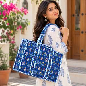 <b>Blue</b> Floral <b>Canvas</b> Tote Bag Candy Stripe Trim Bohemian Style Open Top Shopping Bag All Seasons - Product Image 2