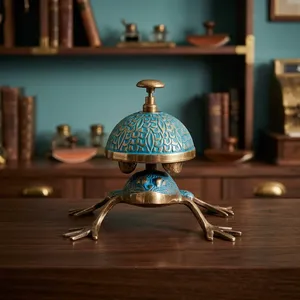Campana de Servicio Antigua de Latón Macizo con Acabado de Esmalte Azul Turquesa Vintage, Campana de Escritorio Decorativa Hecha a Mano de Metal - Product Image 1