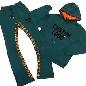 High Quality ACID WASH Distress Embroidery Patch Slim Fit Sweat suit Flare Sweat Suit Women Two <b>Pullers</b> Wholesale-Sweat-Suits - Product Image 2