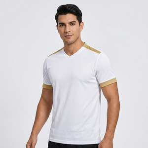 T-shirt pour homme à col en V blanc à manches courtes avec accents dorés Coupe classique Séchage rapide Polyester tricoté Style décontracté - Product Image 4