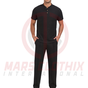 Men's Black Cotton Henley Shirt and Pants Set Regular Fit Breathable Casual Wear Men Summer <b>Tracksuit</b> for Adults - Product Image 3