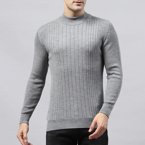 Pull en laine côtelé gris pour homme, col montant, manches longues, tricoté, couleur unie, coupe standard, hiver - Product Image 4