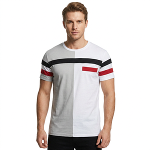 Men's Contrast <b>Trim</b> Color Blocked Short Sleeve O-Neck Front Casual T-Shirt Striped Pattern Breathable Regular Fit Knitted <b>Fabric</b> - Product Image 1