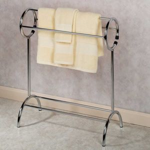Toallero de pie de doble nivel con acabado dorado, organizador de almacenamiento para baño, diseño metálico de estilo moderno, para ropa de sala de estar - Product Image 4