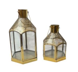 Modern Decorative Metal <b>Lantern</b> Set Golden Finish Featuring Intricate Moroccan Moorish-inspired Patterns Glass Panel Handmade - Product Image 1