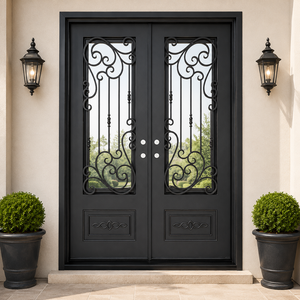 Portes en fer forgé modernes, portes d'entrée extérieures personnalisées à double battant avec verre, portes de sécurité de luxe pour villas et maisons résidentielles - Product Image 1