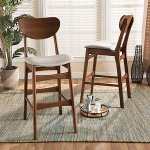 Mid-Century Modern Grey Fabric Upholstered <b>Bar</b> <b>Stools</b>, Walnut Brown Finished Wood Counter Chairs, Set of <b>2</b> for a Kitchen Island - Product Image 3