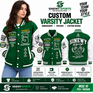 Veste de baseball pour homme SINEWY, verte, style universitaire, avec patchs brodés, col rabattu, coupe classique - Product Image 6