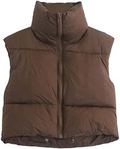 Gilet matelassé ultra-courte marron pour femme, entièrement zippé, col montant, ourlet à cordon de serrage, fabrication OEM - Product Image 1