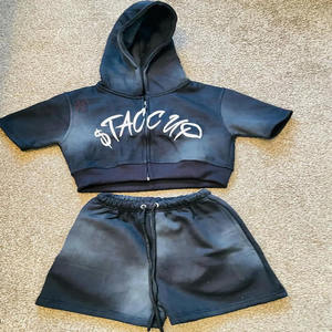 Conjunto de Sudadera Corta con Capucha y Bordado para Mujer, Estilo Acid Wash, con Cremallera y Pantalones Cortos con Cintura Fruncida - Product Image 5