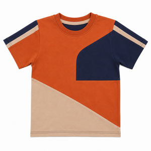 เสื้อยืดเด็กผู้ชาย คอตตอน 100% สีสันตัดกัน ทรงปกติ แขนสั้น คอกลม สไตล์ลำลอง สำหรับฤดูร้อน เสื้อผ้าเด็กแนวสตรีท รับผลิตแบบ OEM ODM ขายส่ง น้ำหนัก 210 กรัม - Product Image 2