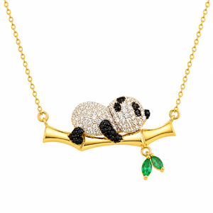 Collar con colgante de bambú Panda, cadena de eslabones chapada en oro y plata, joyería de animales para mujer, regalo minimalista y delicado para fiesta y boda - Product Image 1