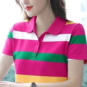 Women Striped Polo <b>Shirt</b> Short Sleeve Color Blocked Casual Knitted Top Pink Green Yellow Loose casual <b>boho</b> tees 5XL plus size - Product Image 6