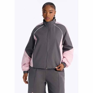 Conjunto Deportivo de Felpa para Mujer, Diseño Color Block, Chaqueta Larga y Pantalones Deportivos Holgados, Dos Piezas, Gris y Rosa - Product Image 2