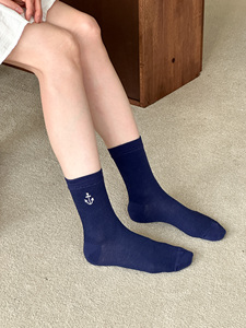 Calcetines de Tobillo para Mujer, Color Azul Marino y Blanco, con Bordado de Ancla, Rayas, Algodón Transpirable, para Uso Diario, Estilo Regular, Temporada de Primavera - Product Image 6