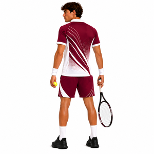 Conjunto de Camiseta y Pantalones Cortos de Tenis para Hombre, Color Granate y Blanco, Sublimado, 100% Poliéster, Absorbe la Humedad, Cintura Elástica, Personalizable para Equipos, Deporte de Verano - Product Image 2