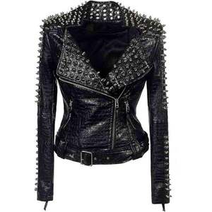 Veste Moto Rose OEM avec Décoration à Rivets, Col Rabattu, Manches Longues, Fermeture Éclair, Style Femme, Veste en Cuir Marque Privée - Product Image 5