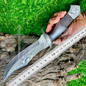 Couteau de chasse Bowie à lame fixe en acier Damas fait main, avec manche en bois exotique et étui en cuir, cadeau idéal - Product Image 2