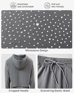 Women Hooded Rhinestone Fleece <b>Hoodie</b> Sweatpants Set Gray 2 Piece Outfit Casual Regular Fit Full Length Drawstring Pockets - Product Image 4