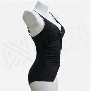 North Approach Women's Black One-Piece Swimsuit Deep V Neck Ruched Zipper Front High Waist <b>Tummy</b> <b>Control</b> Shapewear - Product Image 3