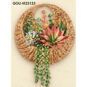 Jardinière murale ronde en rotin avec succulentes artificielles, style bohème, décoration de jardin, lumière murale - Product Image 3
