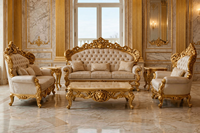 Juego de Sala de Estar Moderno de Madera de Teca de Lujo Estilo Maharani, Acabado Dorado, Juego de Sofás Cómodos de Alta Calidad, Mesa de Centro Personalizada