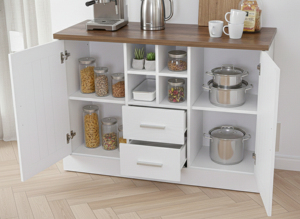 Buffet de cuisine moderne de style américain, écologique, à profil bas, K410L, en chêne blanc et noyer, avec plateau en mélaminé sur panneaux de particules - Product Image 2