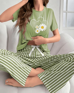 Women Soft Jersey Casual Pajama Set Short Sleeve Printed Top and Striped Pants Lounge Sleepwear Spring Summer - Product Image 4