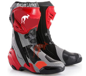 Bottes de moto en cuir pour hommes, design unique et tendance, qualité supérieure, doublure en mesh respirant, style course, ventilées, blanches - Product Image 1