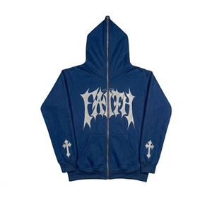 Micah Corporation Custom New Gothic <b>Zip</b>-<b>Up</b> Unisex Black Cotton Knitted Oversized Winter Hoodie <b>White</b> Letter Logo Cross Print - Product Image 5