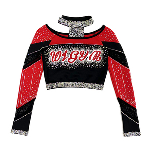 WISHA Cheerleading Uniform 3 Piece Set <b>Red</b> Black <b>Glitter</b> Print Rhinestone Adult Women's Performance Outfit - Product Image 2