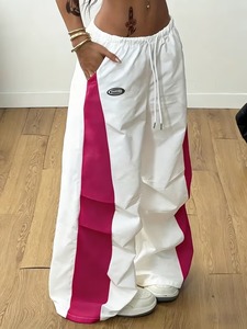 Women's <b>Summer</b> Flat Front Oversized Wide-Leg <b>Pants</b>-White & Pink Color Block Trousers with Drawstring Waist 100% Cotton - Product Image 3