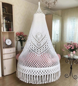 72" Boho Macramé Hammock Swing Chair Luxurious Home Décor Cotton Hanging Swing Chair Indoor Outdoor Playroom Patio White & <b>Pink</b> - Product Image 3