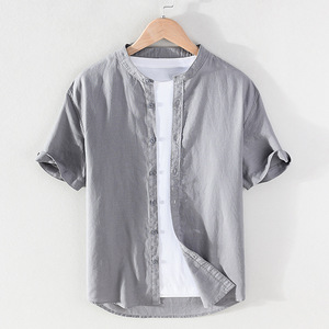 Mandarin <b>Collar</b> Cotton Casual <b>Men</b> <b>Shirt</b> Short Sleeve Button Down Regular Fit <b>Shirts</b> Clothes <b>Shirts</b> <b>Men</b> - Product Image 4