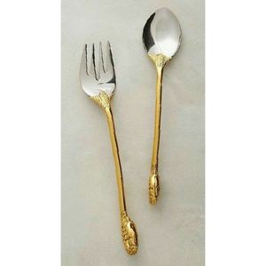 Juego de servidores de ensalada de acero inoxidable de alta calidad, chapados en oro, con elegantes mangos retorcidos, vajilla metálica moderna para uso hotelero. - Product Image 3